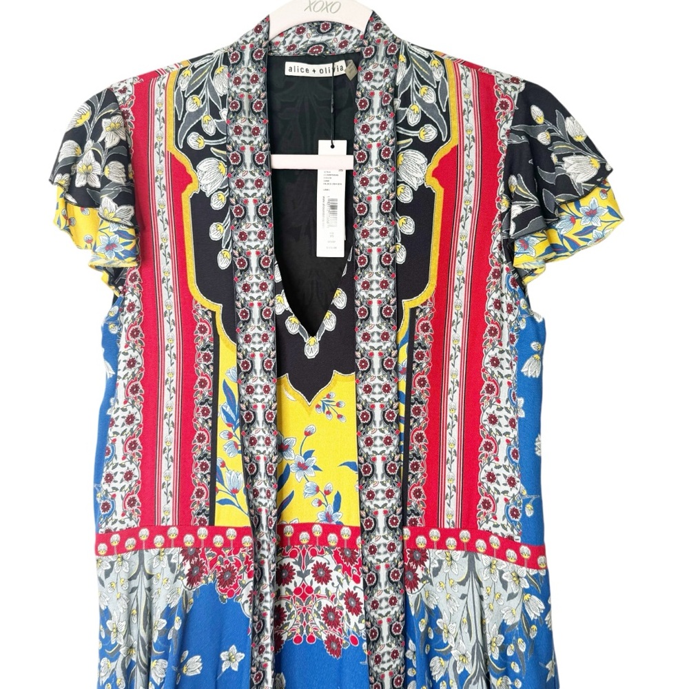 NWT Alice + Olivia Moore Floral Tie-Neck Layered Flutter Sleeve Tunic Dress XS - Picture 6 of 9